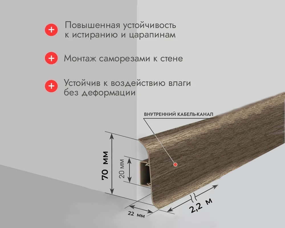 Плинтус ПВХ Идеал Классик 70мм 2,2м 251 Ясень